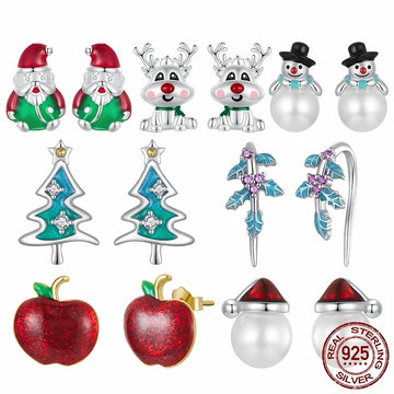 Pendientes de plata de ley 925 con forma de árbol de Navidad, acebo, muñeco de nieve y perla