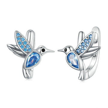 Pendientes de plata de ley 925 con forma de colibrí y circonita azul brillante.