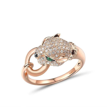 Anillo de leopardo genuino de oro rosa 585 de 14 quilates con diamantes brillantes, joyería de compromiso y aniversario.