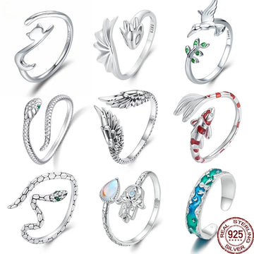 Anillo ajustable abierto de plata de ley 925 con diseño retro de iris, koi, serpiente, dragón y pájaro