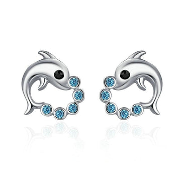 Pendientes de botón con forma de delfín y bola de amor en plata de ley 925