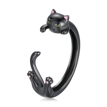 Anillo ajustable de gato negro oscuro en plata de ley 925