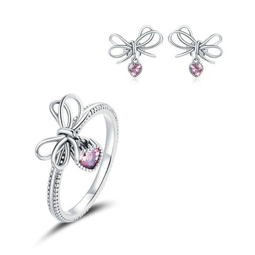 925 Sterling Silver Gift with Bow Earrings Rings