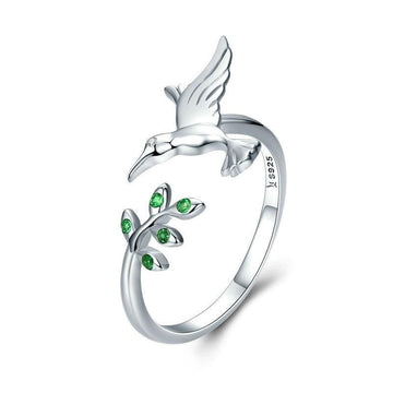 Anillo auténtico de plata de ley 925 con diseño de pájaro y hojas de árbol primaverales