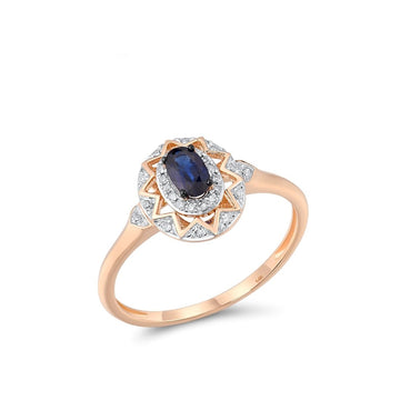 Anillo de oro rosa genuino 585 de 14 quilates para mujer con zafiro azul ovalado y diamante brillante, ideal para compromiso, aniversario y joyería fina.