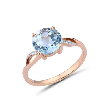 Anillo de oro rosa genuino de 14 quilates 585 con diamantes brillantes y topacio azul cielo para aniversario de bodas, joyería fina.