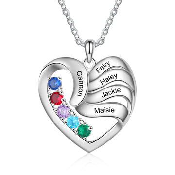 Collar de corazón personalizado con 2-5 nombres y piedra de nacimiento personalizada
