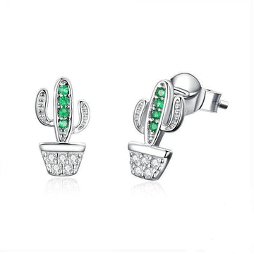 Pendientes de botón de moda con diseño de cactus verde en plata de ley 925