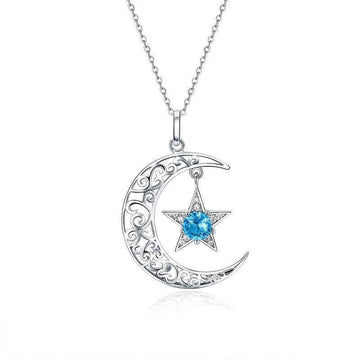 Collar de luna y estrella brillante de plata de ley 925