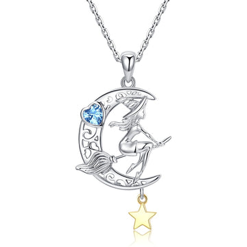 Hermoso collar de luna y estrella con circonitas y bruja en plata de ley 925