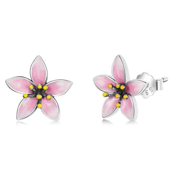 Orecchini a bottone in argento sterling 925 con fiori di ciliegio rosa