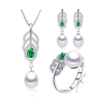 Natural Freshwater Pearl Earrings Ring Necklace Jewelry Set
