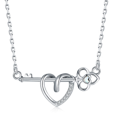 925 Sterling Silver Opal Key and Heart Necklace