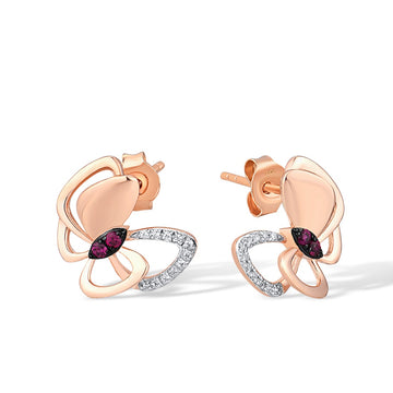 Genuine 14K 585 Rose Gold Butterfly Stud Earrings