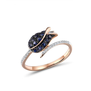 Anillo de compromiso de oro rosa puro 14K 585 con zafiro azul y diamante, joyería fina y elegante.