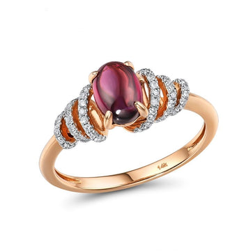 Anillo de oro rosa puro 585 de 14 quilates para mujer con diamantes brillantes, rodolita y granate, joyería fina y elegante.