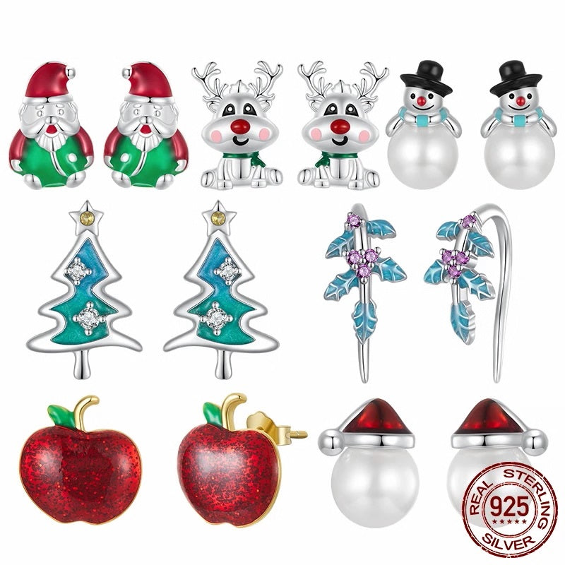 925 Sterling Silver Christmas Tree Holly Ear Hook Snowman Pearl Stud Earrings