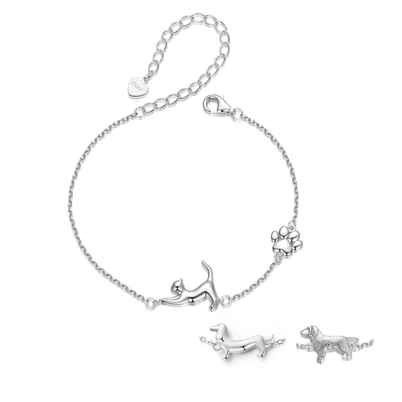 925 Sterling Silver Cute Cat Dog Chain Bracelet