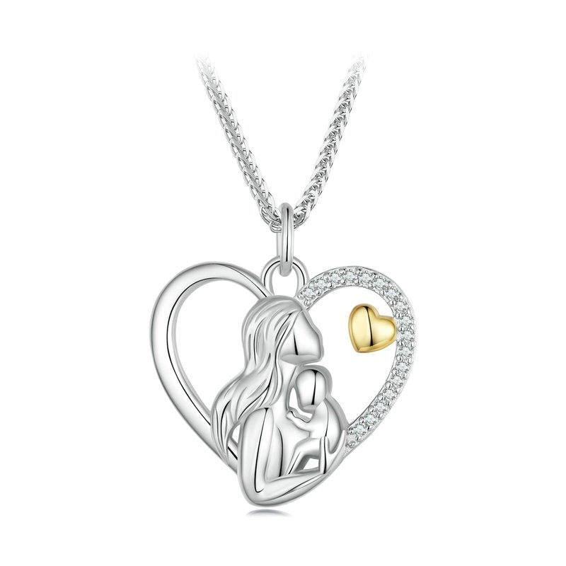925 Sterling Silver Mother and Child Heart Pendant Necklace