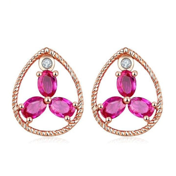 10K Rose Gold Natural Ruby Diamond Solid Gemstone Stud Earrings
