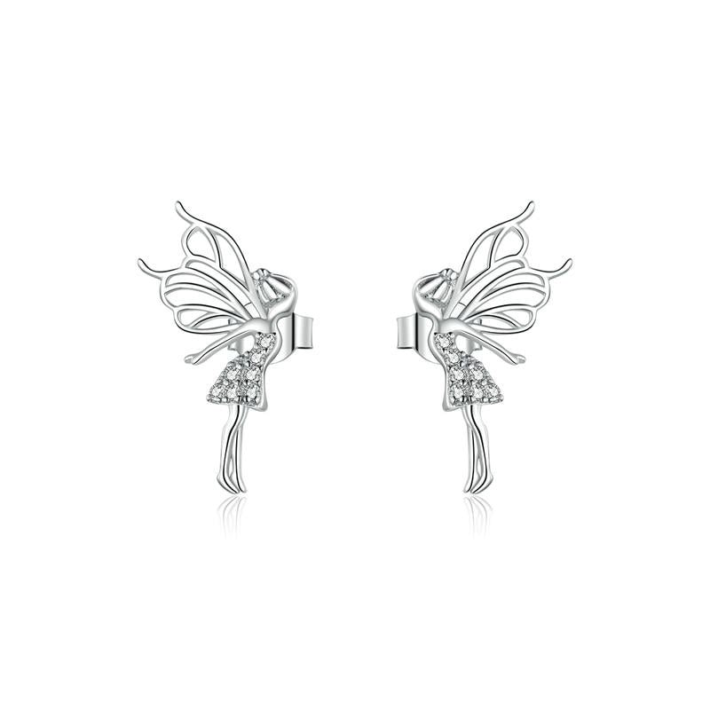 925 Jewelry Dancing Fairy with Wings Stud Earrings