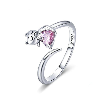 Silver Adorable Cat Pink Ring