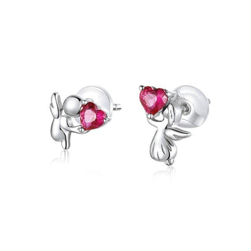 925 Sterling Silver Angel with Heart Stud Earrings