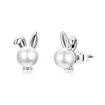 Pendientes de perla con forma de conejito en plata de ley 925