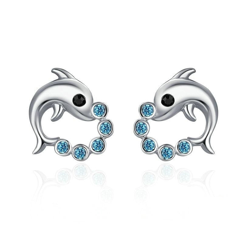 925 Sterling Silver Cute Dolphin Love Ball Stud Earrings