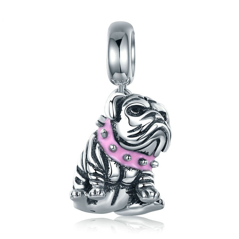 Dijes de perro bulldog lindo de plata de ley 925