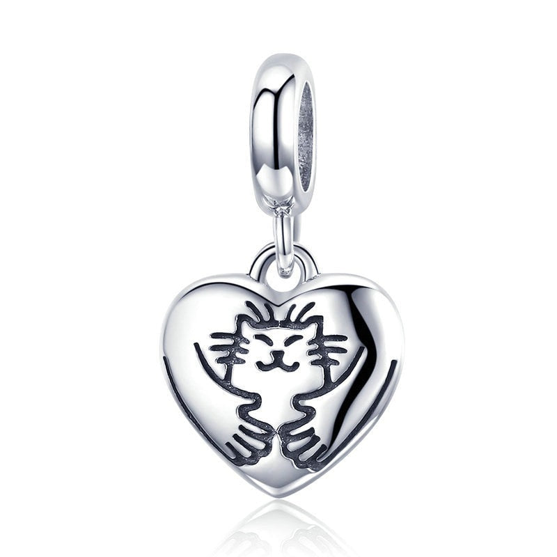 925 Sterling Silver Hug Cat in Heart Charms