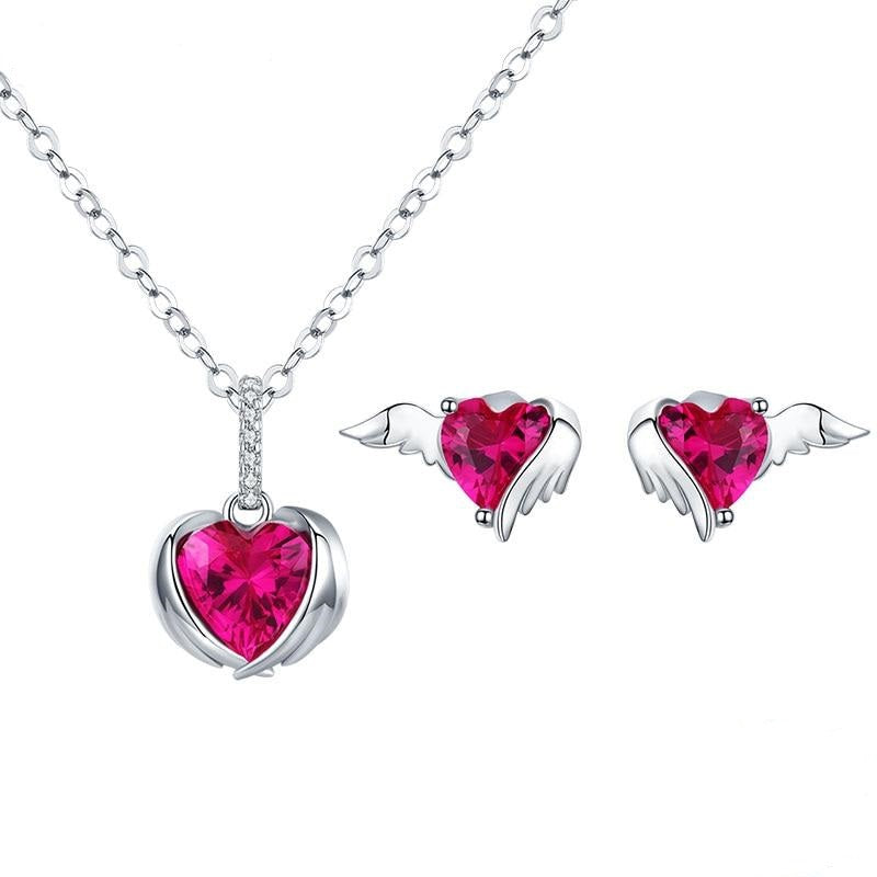 Collana con ciondolo a forma di cuore con ali da guardiano in argento sterling 925 e orecchini a perno