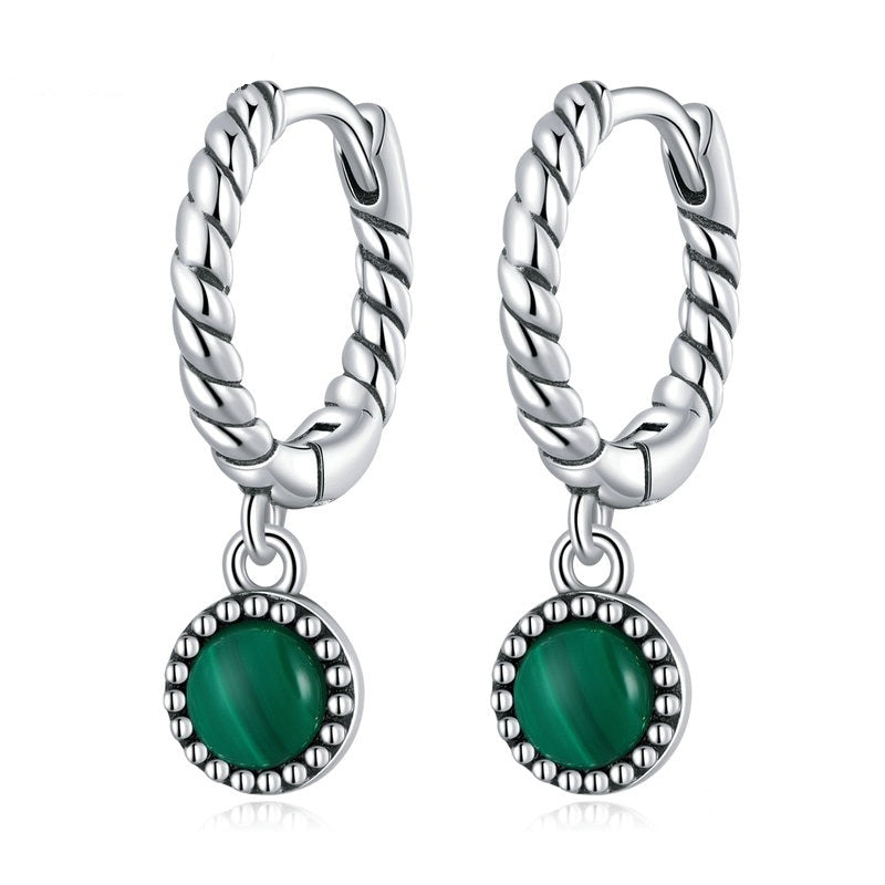925 Sterling Silver Malachite Ear Buckles Green Stone Drop Earrings