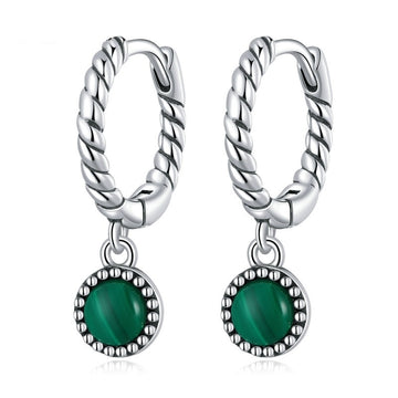 925 Sterling Silver Malachite Ear Buckles Green Stone Drop Earrings