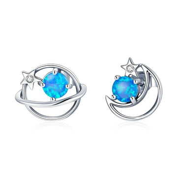Pendientes de plata de ley 925 con diseño de planeta misterioso, luna y estrella
