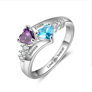 Anello in argento sterling 925 con 2 pietre portafortuna a forma di cuore e nome personalizzato