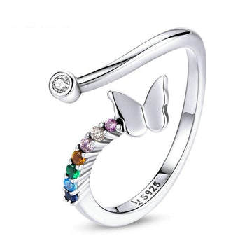 Anillo de mariposa arcoíris de plata de ley 925