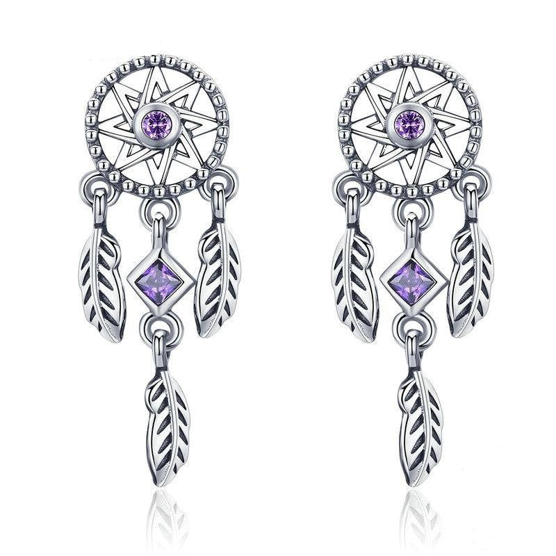 925 Sterling Silver Vintage Dream Catcher Drop Earrings