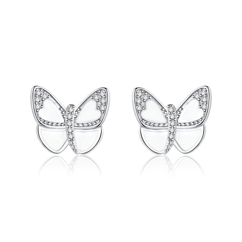 925 Sterling Silver White Enamel Butterfly Stud Earrings