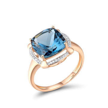 Genuine 14K 585 Rose Gold Ring Sparkling Diamond London Blue Topaz Anniversary Fine Jewelry