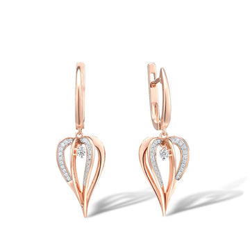 14K 585 Rose Gold Sparkling Diamond Heart Dangling Earrings