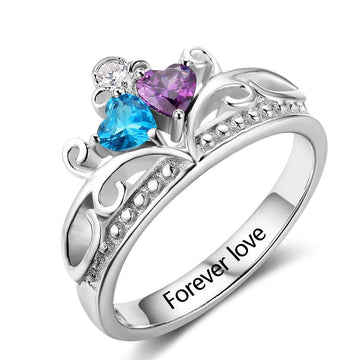 Sterling Silver Heart Pattern Crown Birthstone Ring