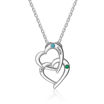 Personalized 925 Sterling Silver Interlocking Heart Necklace with 2 Birthstones Custom Engraved Name
