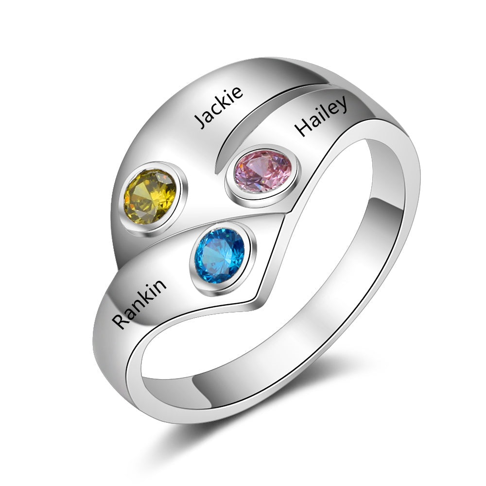 Anello personalizzato in argento sterling 925 con 3 nomi e pietra portafortuna