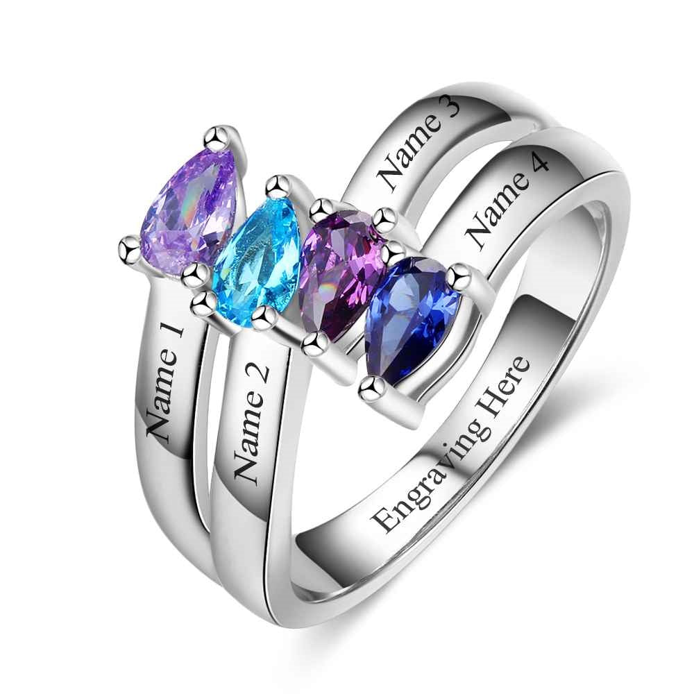 Anello personalizzato con incisione dell'amicizia e 4 nomi con pietra portafortuna