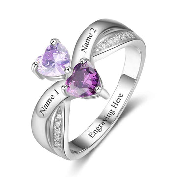 Anello personalizzato con pietra portafortuna a forma di cuore e incisione di 2 nomi