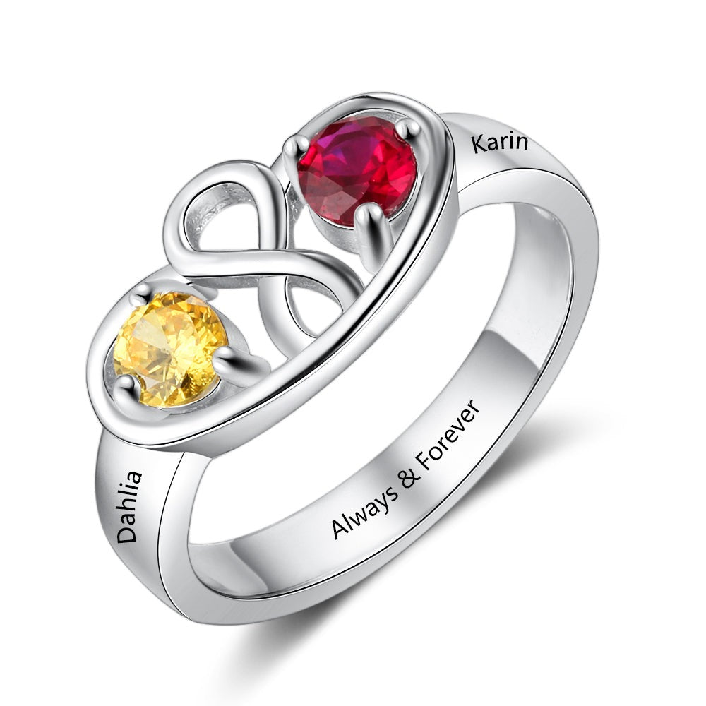 Anello personalizzato con nome Infinity 2 Birthstones