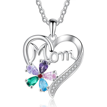 Personalized Mom Heart Customize 5 Birthstones Flower Necklace