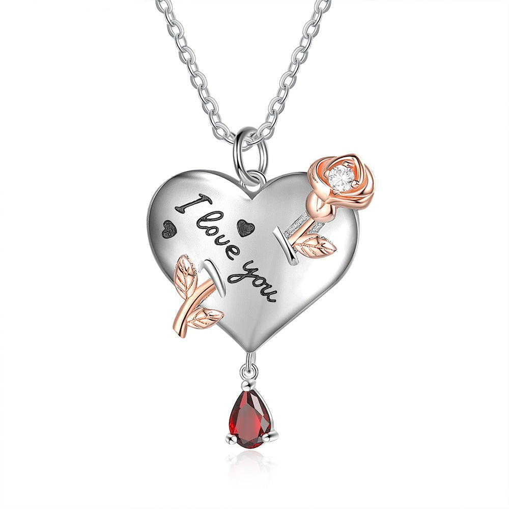 Personalized Name Engraved Necklace with Birthstone I Love you Rose Flower Heart