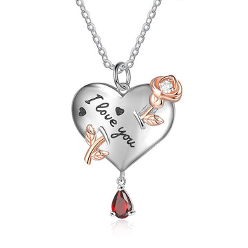 Personalized Name Engraved Necklace with Birthstone I Love you Rose Flower Heart